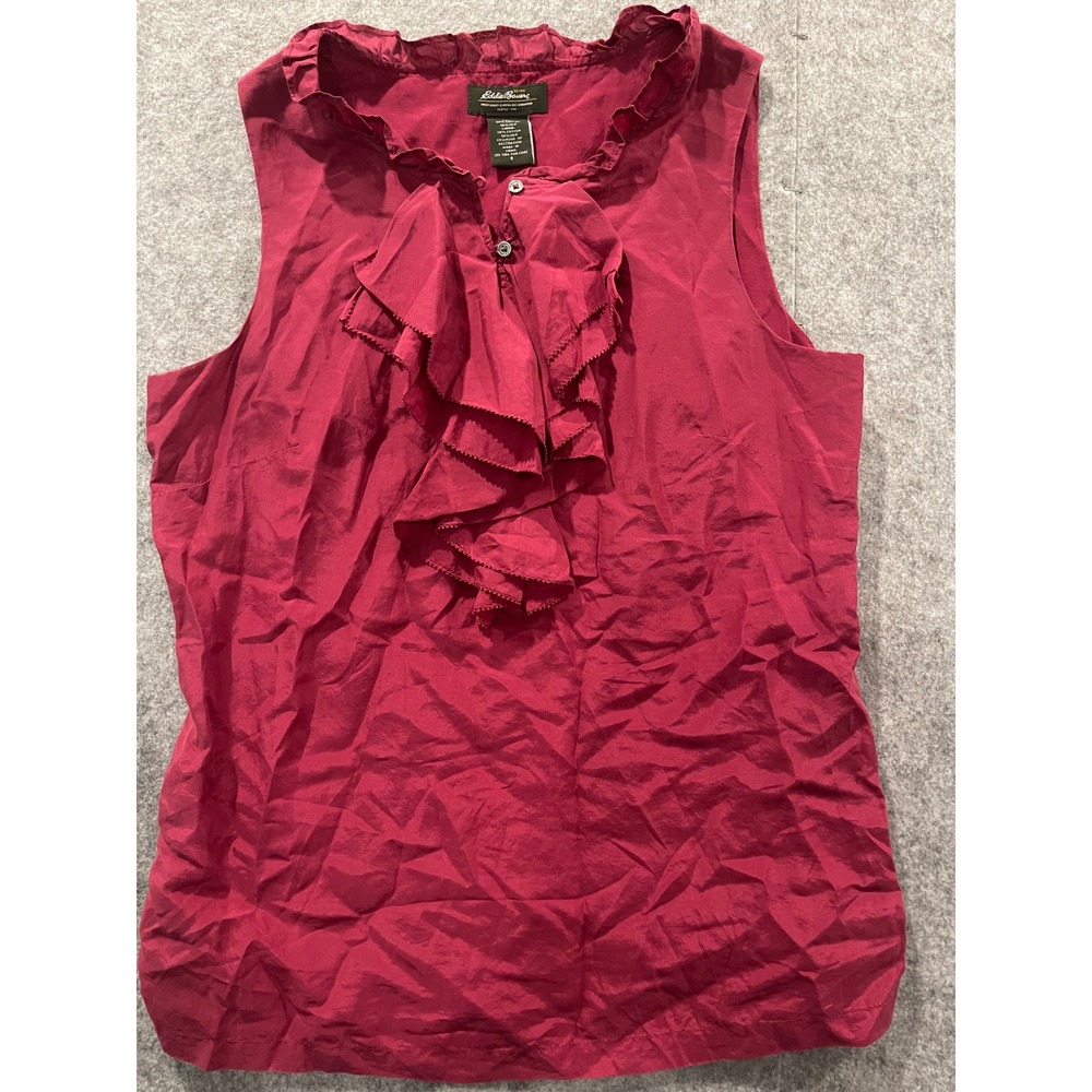 Eddie Bauer Womens Silk Blend Ruffle Sleeveless Blouse Red Pink Top Small
